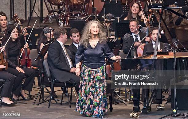 Pianist Martha Argerich and the West-Eastern Divan Orchestra perform live during a concert at the Waldbuehne on August 13, 2016 in Berlin, Germany.