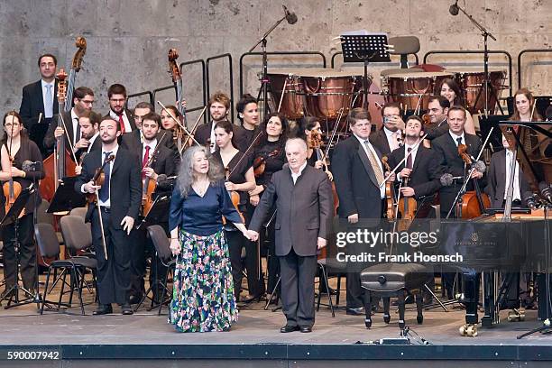 Pianist Martha Argerich, Daniel Barenboim and the West-Eastern Divan Orchestra perform live during a concert at the Waldbuehne on August 13, 2016 in...