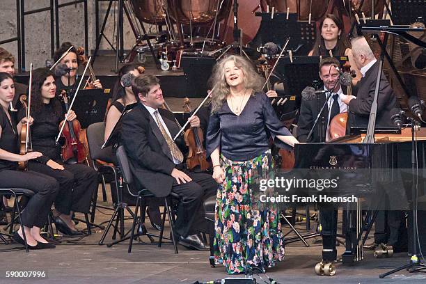 Pianist Martha Argerich, Daniel Barenboim and the West-Eastern Divan Orchestra perform live during a concert at the Waldbuehne on August 13, 2016 in...