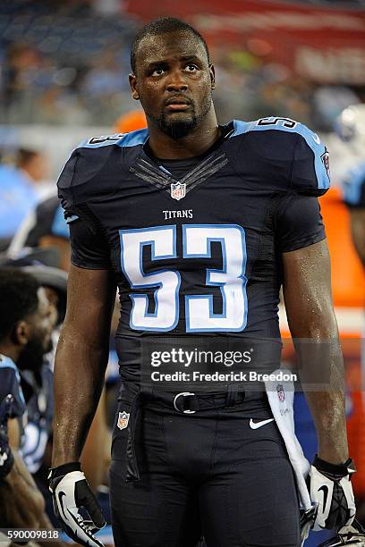 Deiontrez Mount of the Tennessee Titans watches from the sideline during a game against the San Diego Chargers at Nissan Stadium on August 13, 2016...