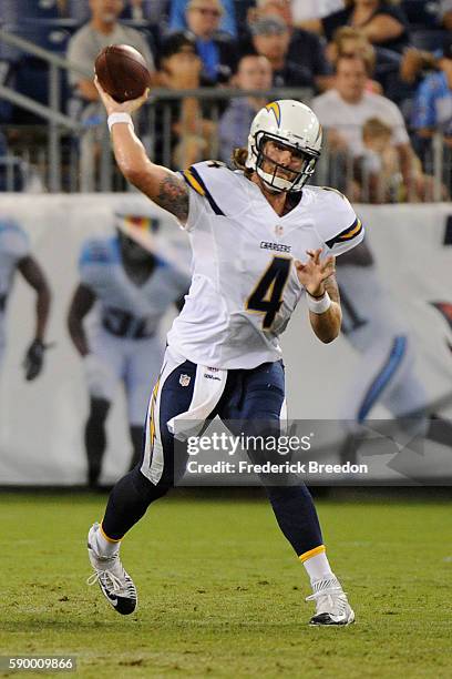 Quarterback Zach Mettenberger of the San Diego Chargers plays against the Tennessee Titans at Nissan Stadium on August 13, 2016 in Nashville,...