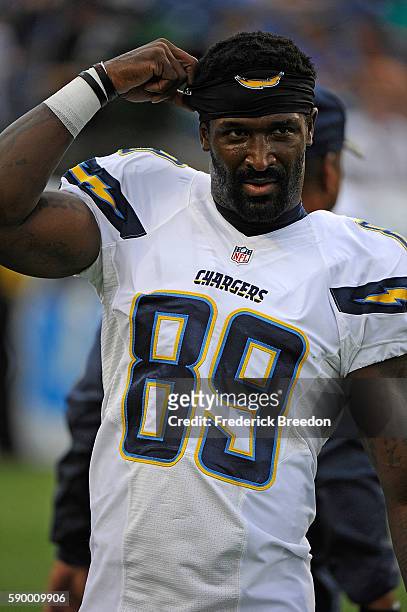 James Jones of the San Diego Chargers watches from the sideline during a game against the Tennessee Titans at Nissan Stadium on August 13, 2016 in...
