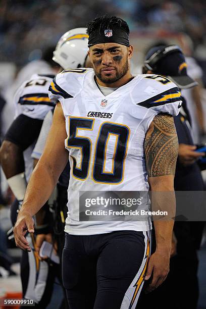 Manti Te'o of the San Diego Chargers watches from the sideline during a game against the Tennessee Titans at Nissan Stadium on August 13, 2016 in...