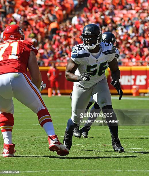 Defensive end Cliff Avril of the Seattle Seahawks rushes against the Kansas City Chiefs during the first half on August 13, 2016 at Arrowhead Stadium...