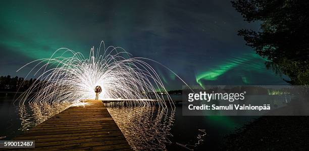 aurora borealis & steel wool - tampere finland stockfoto's en -beelden