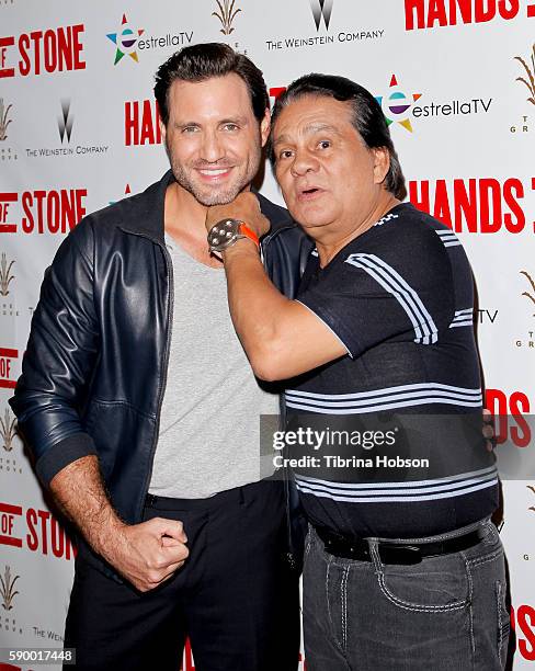 Edgar Ramirez and Roberto Duran attend the screening of 'Hands of Stone' at Pacific Theatres at The Grove on August 15, 2016 in Los Angeles,...