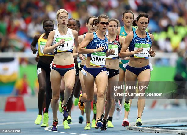 Kim Conley of the United States leads the pack during the Women's 5000m Round 1 - Heat 1 on Day 11 of the Rio 2016 Olympic Games at the Olympic...