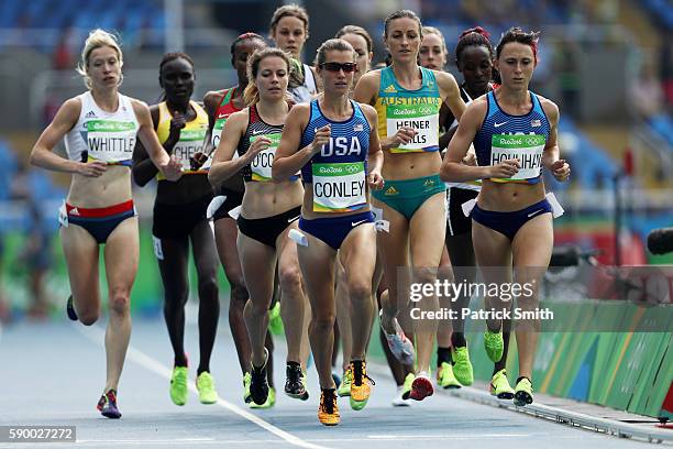 Kim Conley and Shelby Houlihan of the United States lead the pack during the Women's 5000m Round 1 - Heat 1 on Day 11 of the Rio 2016 Olympic Games...