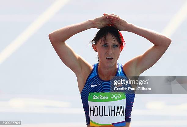 Shelby Houlihan of the United States reacts after the Women's 5000m Round 1 - Heat 1 on Day 11 of the Rio 2016 Olympic Games at the Olympic Stadium...
