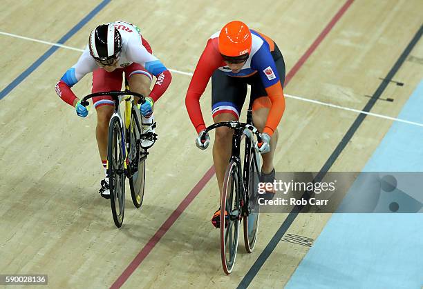 Elis Ligtlee of the Netherlands competes against Anastasiia Voinova of Russia during a Women's Sprint Quarterfinal race on Day 11 of the Rio 2016...