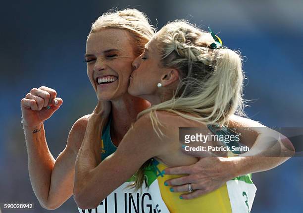 Eloise Wellings and Genevieve Lacaze of Australia react after the Women's 5000m Round 1 - Heat 2 on Day 11 of the Rio 2016 Olympic Games at the...