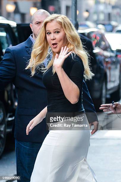 Actress Amy Schumer leaves the "Good Morning America" taping at the ABC Times Square Studios on August 16, 2016 in New York City.