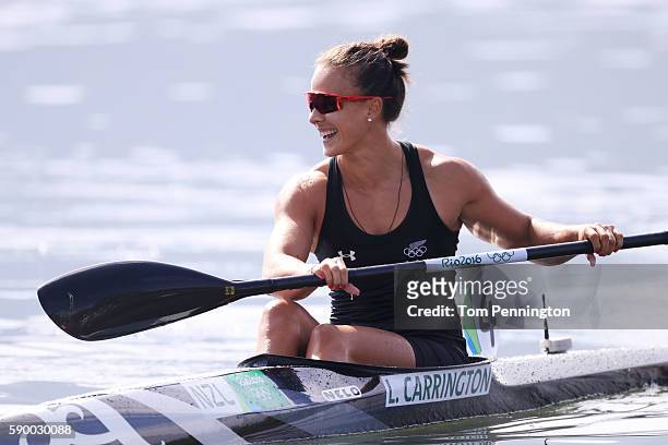 Lisa Carrington of New Zealand reacts after winning gold during the Women's Kayak Single 200m A on Day 11 of the Rio 2016 Olympic Games at the Lagoa...