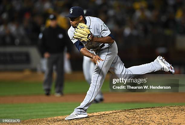 Edwin Diaz of the Seattle Mariners pitches against the Oakland Athletics in the bottom of the ninth inning at the Oakland Coliseum on August 13, 2016...