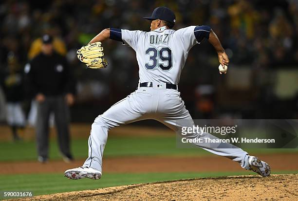 Edwin Diaz of the Seattle Mariners pitches against the Oakland Athletics in the bottom of the ninth inning at the Oakland Coliseum on August 13, 2016...