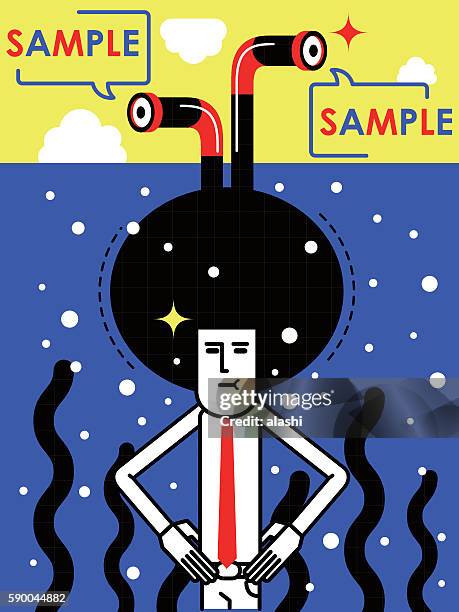 afro cool businessman with periscope, hand on hip, underwater diving - periscope stock illustrations