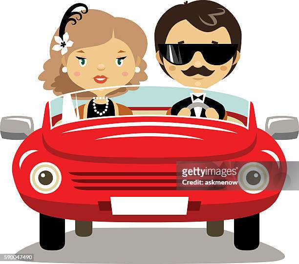 elegant couple in a car - woman car stock illustrations