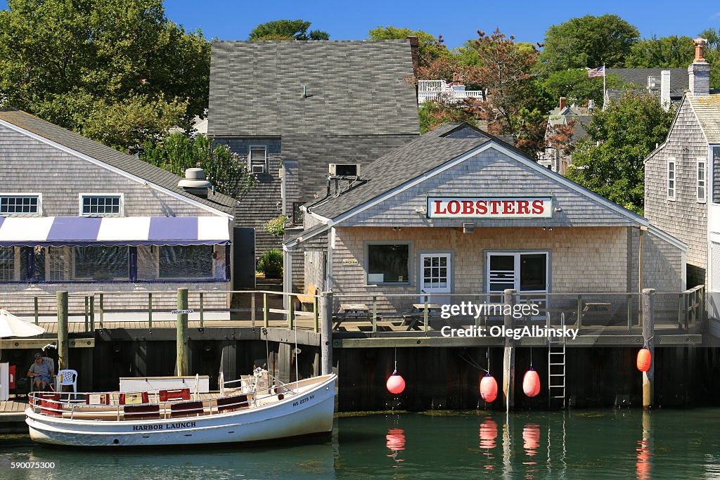Harbor View, Lobster Restaraunt and Moored Boat, Nantucket Island, Massachusetts.
