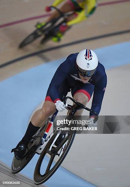 Britain's Katy Marchant races Lithuania's Simona Krupeckaite during the Women's sprint quarter-finals track cycling event at the Velodrome during the...