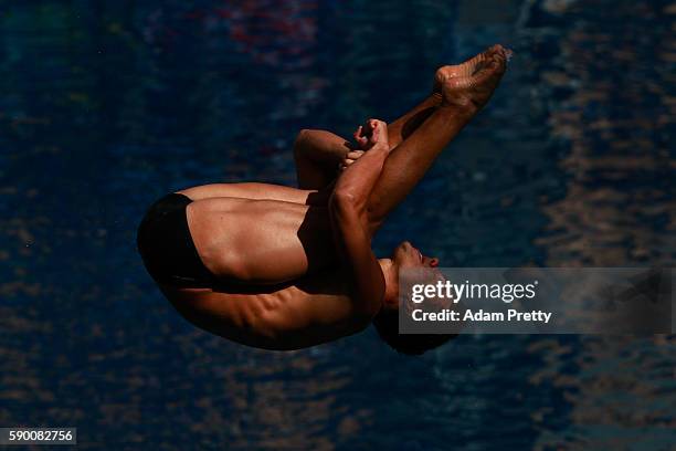 Sebastian Morales Mendoza of Colombia competes in the Men's Diving 3m Springboard semi final at the Maria Lenk Aquatics Centre on August 16, 2016 in...