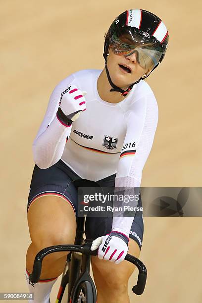 Kristina Vogel of Germany wins race 2 heat 3 during a Women's Sprint Quarterfinal race against Wai Sze Lee of Hong Kong, China on Day 11 of the Rio...