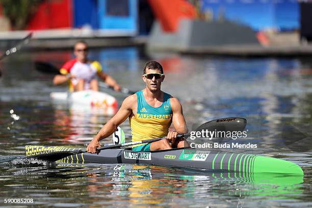 Murray Stewart of Australia reacts after the Men's Kayak Single 1000m Final A on Day 11 of the Rio 2016 Olympic Games at the Lagoa Stadium on August...