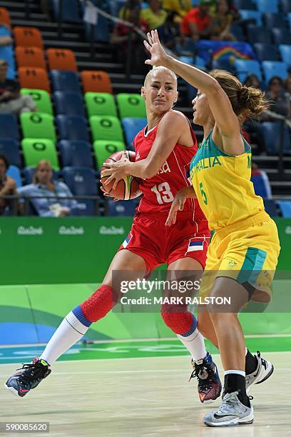 Australia's point guard Leilani Mitchell holds off Serbia's point guard Milica Dabovic during a Women's quarterfinal basketball match between...