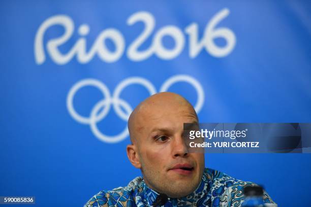 Kazakhstan's Vassiliy Levit speaks to the press after receiving a medal at the Rio 2016 Olympic Games at the Riocentro - Pavilion 6 in Rio de Janeiro...