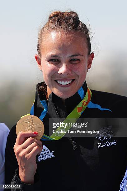 Gold medalist Lisa Carrington of New Zealand celebrates on the podium during the Women's Kayak Single 200m A on Day 11 of the Rio 2016 Olympic Games...