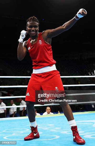 Nicola Adams of Great Britain celebrates beating Tetyana Kob of Ukraine after the Boxing Women's Fly Quarterfinal on Day 11 of the Rio 2016 Olympic...