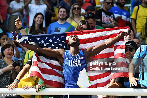 Will Claye of the United States reacts after winning the silver medal in the Men's Triple Jump Final on Day 11 of the Rio 2016 Olympic Games at the...