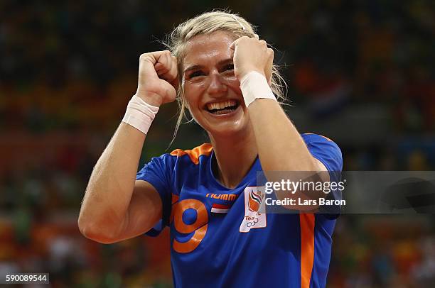 Estavana Polman of Netherlands celebrates after winning the Womens Quarterfinal match between Brazil and Netherlands on Day 11 of the Rio 2016...