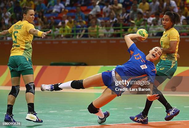 Yvette Broch of Netherlands in action during the Womens Quarterfinal match between Brazil and Netherlands on Day 11 of the Rio 2016 Olympic Games at...