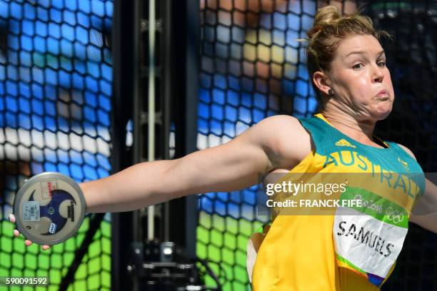Australia's Dani Samuels competes in the Women's Discus Throw Final during the athletics competition at the Rio 2016 Olympic Games at the Olympic...
