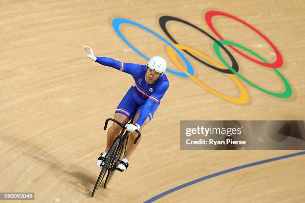 Francois Pervis of France wins heat 3 in the Men's Keirin First Round Repechages on Day 11 of the Rio 2016 Olympic Games at the Rio Olympic Velodrome...