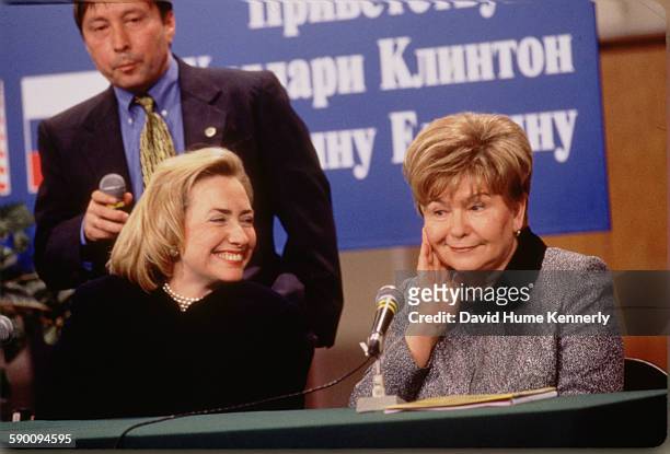 First Lady Hillary Clinton and Mrs. Naina Yeltsin, wife of the Russian President Boris Yeltsin , respond to audience's questions at a town hall...