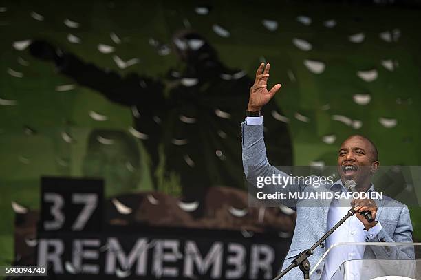 South African main opposition party Democratic Alliance leader Mmusi Maimane addresses a rally of miners on the fourth anniversary of the Marikana...