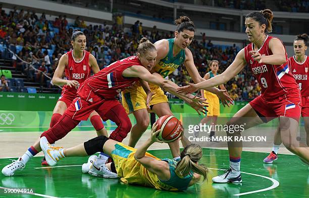 Australia's forward Penny Taylor holds on to the ball under pressure from Serbia's power forward Danielle Page and Serbia's power forward Jelena...