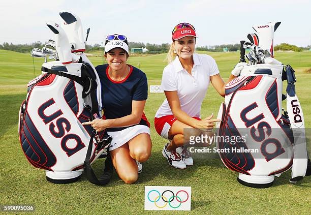 Gerina Piller and Lexi Thompson of the United States pose together during a practice round prior to the start of the women's golf during Day 11 of...