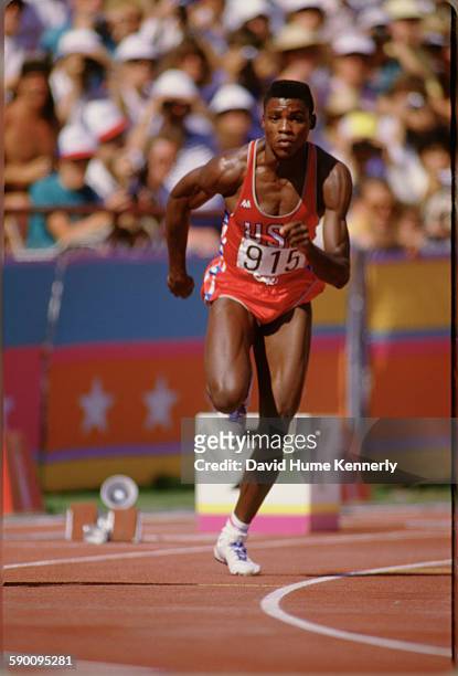Carl Lewis competes at one of the track and field event during the Olympic Games, August 8 in Los Angeles.