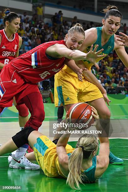 Australia's forward Penny Taylor holds on to the ball under pressure from Serbia's power forward Danielle Page as Australia's centre Marianna Tolo...