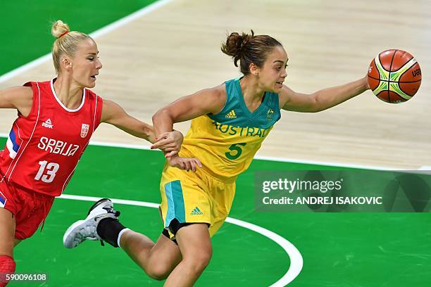 Serbia's point guard Milica Dabovic holds off Australia's point guard Leilani Mitchell during a Women's quarterfinal basketball match between...
