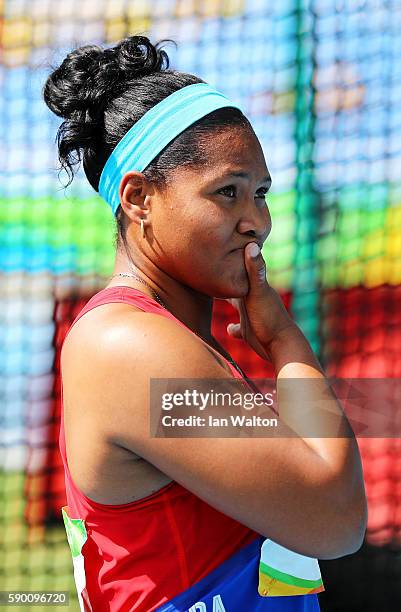 Bronze medalist Denia Caballero of Cuba reacts after the Women's Discus Throw Final on Day 11 of the Rio 2016 Olympic Games at the Olympic Stadium on...