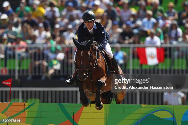 Peder Fredricson of Sweden rides All In during the Team Jumping on Day 11 of the Rio 2016 Olympic Games at the Olympic Equestrian Centre on August...