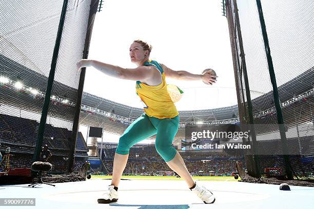 Dani Samuels of Australia competes during the Women's Discus Throw Final on Day 11 of the Rio 2016 Olympic Games at the Olympic Stadium on August 16,...