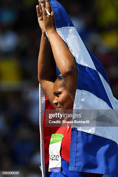 Bronze medalist Denia Caballero of Cuba reacts after the Women's Discus Throw Final on Day 11 of the Rio 2016 Olympic Games at the Olympic Stadium on...