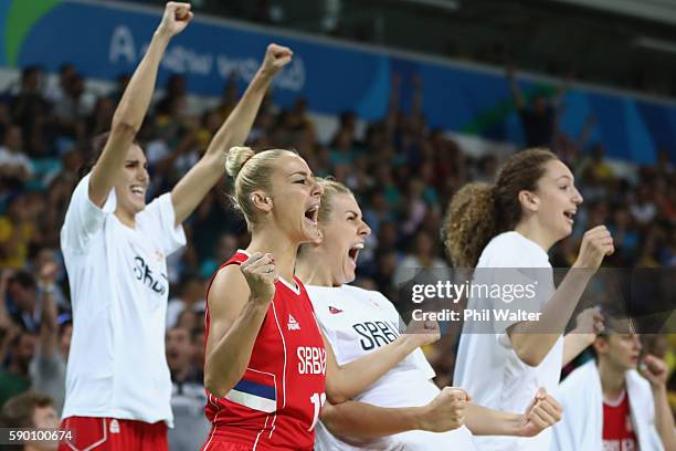 Milica Dabovic of Serbia celebrates following the Women's Quarterfinal match between Australia and Serbia at the Carioca Arena on August 16, 2016 in...