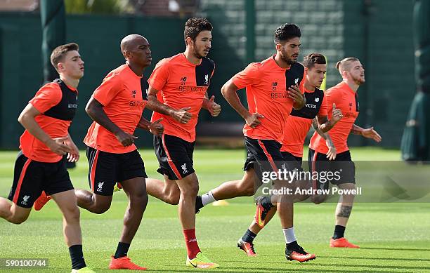Cameron Brannagan, Andre Wisdom, Marko Gurjic, Emre Can, Phlippe Coutinho and Alberto Moreno of Liverpool during a training session at Melwood...
