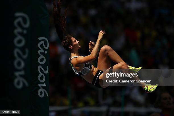 Eliza Mccartney of New Zealand competes during the Women's Pole Vault Qualifying Round - Group A on Day 11 of the Rio 2016 Olympic Games at the...