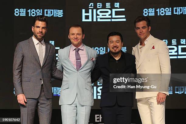 Actors Simon Pegg, Chris Pine, Zachary Quinto and director Justin Lin attend the Fan Screening of the Paramount Pictures title "Star Trek Beyond" on...